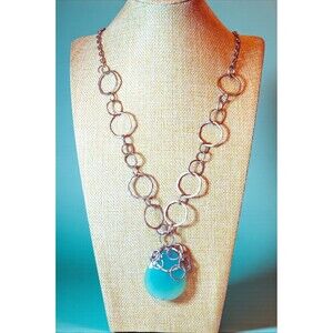 Lia Sophia Aqua Blue Teardrop Pendant Necklace Silver Hammered Chain Boho Beach